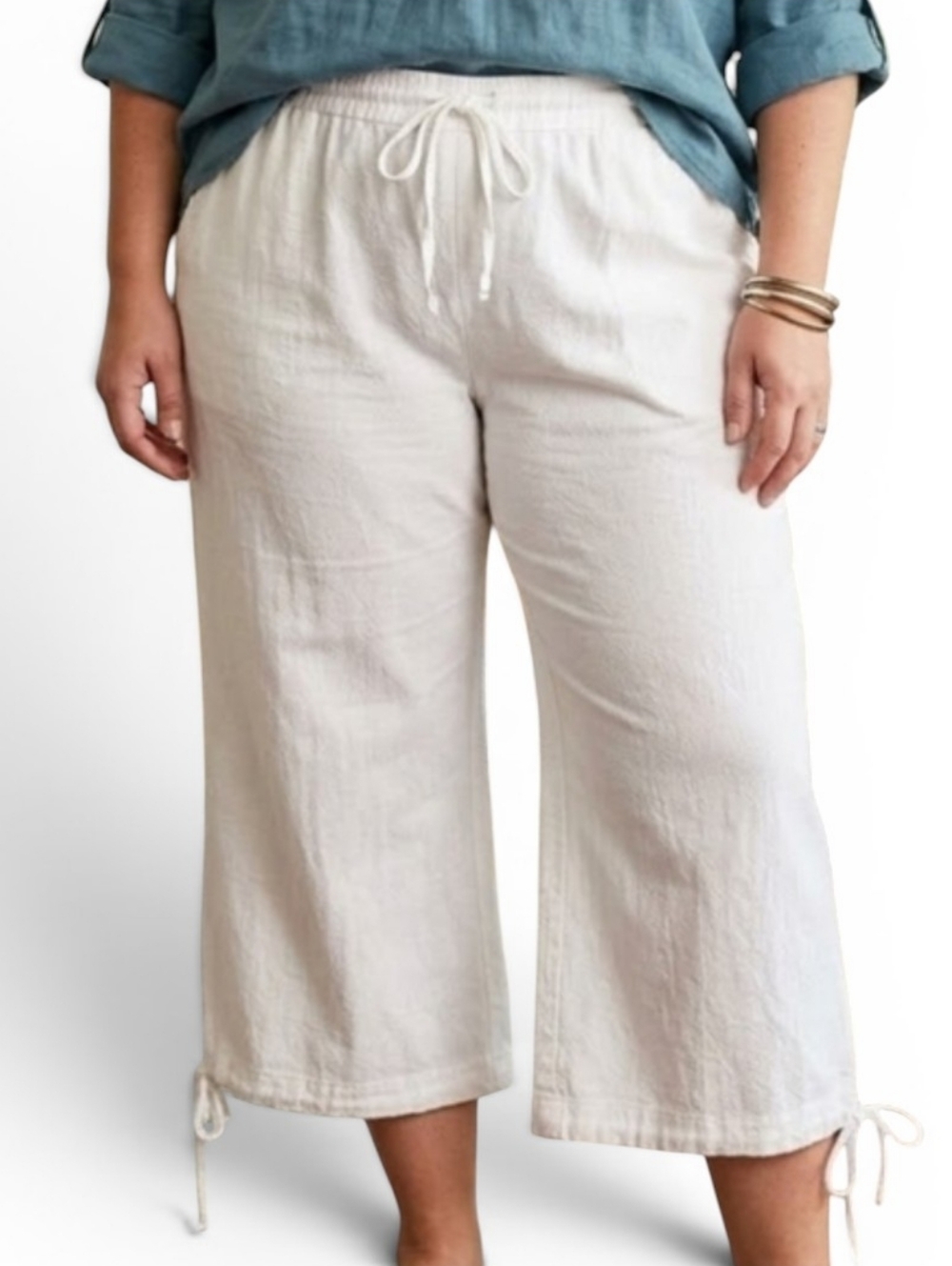 Classic Editions White Cotton Gauze Wide Leg Crop Capri Pants Plus Size 1X